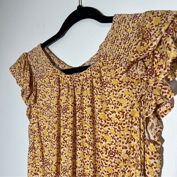 UNIVERSAL THREAD Women Midi Dress Smocking Cap Ruffle Sleeves Mustard Floral XS - Picture 6 of 14